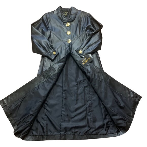 Womens Black Leather Long Trench Coat Gold Button NOS Goth Matrix Steampunk - Picture 4 of 12